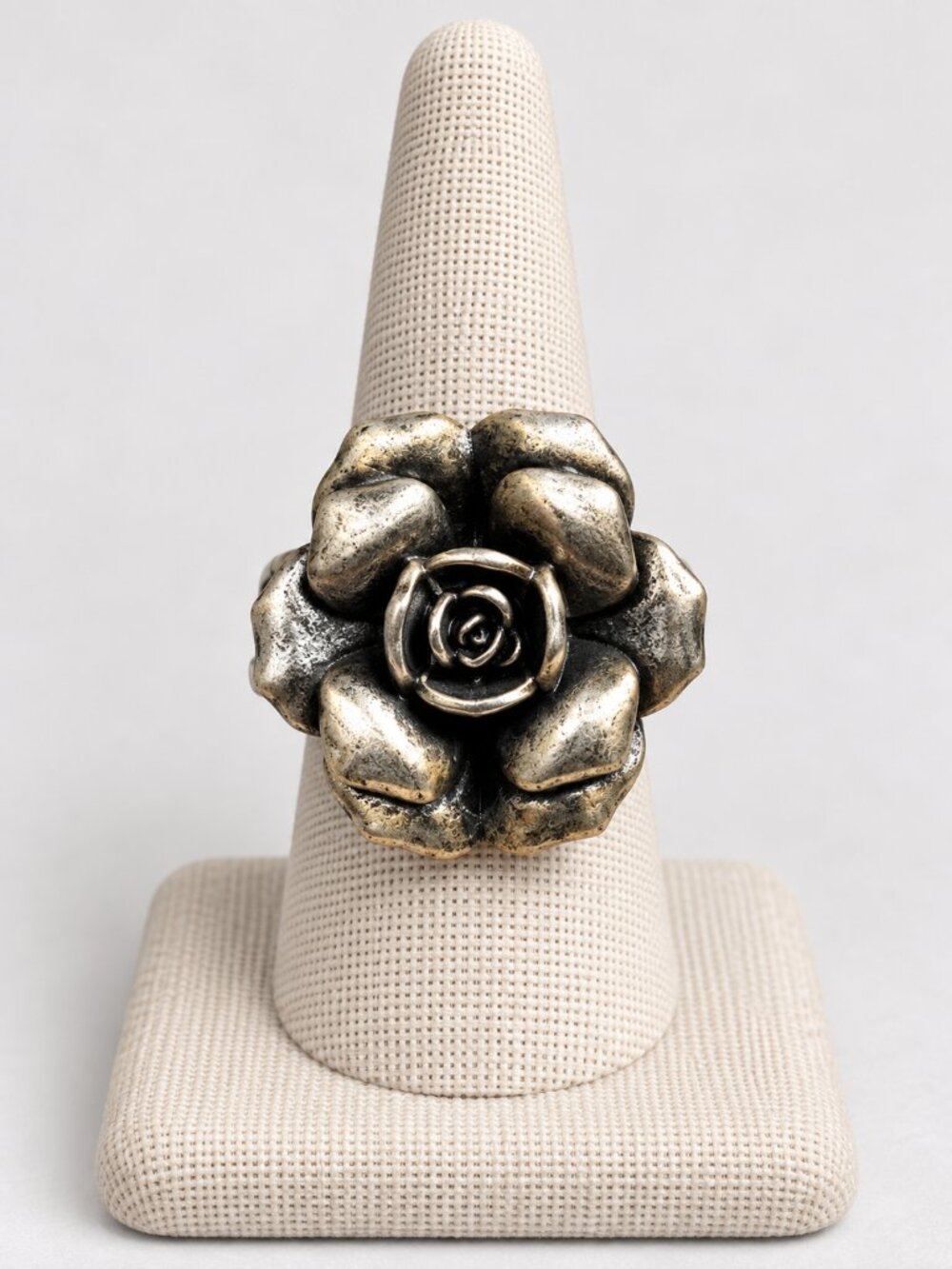 Vintage-Inspired Silver Tone Oversized Rose Flower Statement Ring Boho Artisan